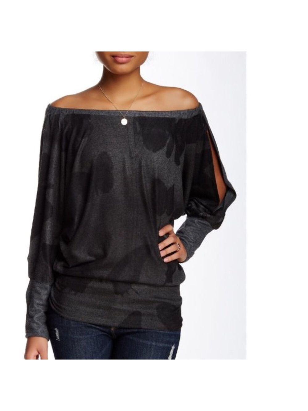Go Couture Printed Off-the-Shoulder Dolman Sweater